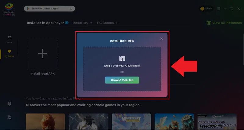 BlueStacks "Install local APK" dialog with the Browse local file button