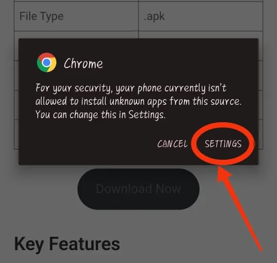 Chrome dialog saying installs are blocked — tap SETTINGS