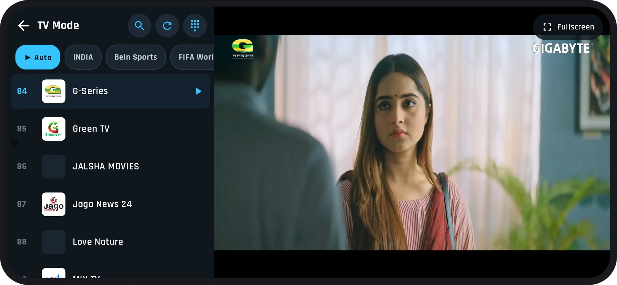 টিভি মোডে লাইভ চ্যানেল, পাশে চ্যানেল তালিকা